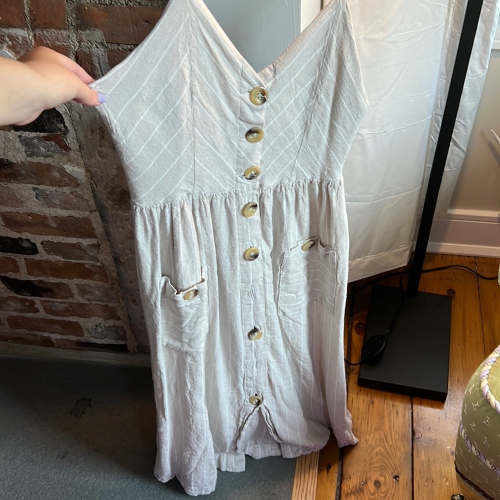 almost full length beige and white striped dress
